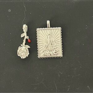 Awe Inspires Silver Pendant Set of Kwan Yin and Rose Pendant